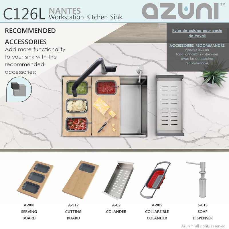 AZUNI 25"L x 19"L Single Bowl Undermount 16G Reversible Workstation Kitchen Sink with accessories C126L - 25" x 19" x 10"