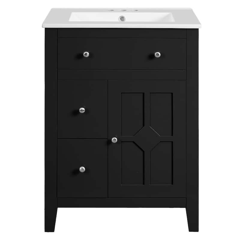 24" Modern Bathroom Vanity with Ceramic Basin - Restroom Sink Cabinet with 2 Drawers