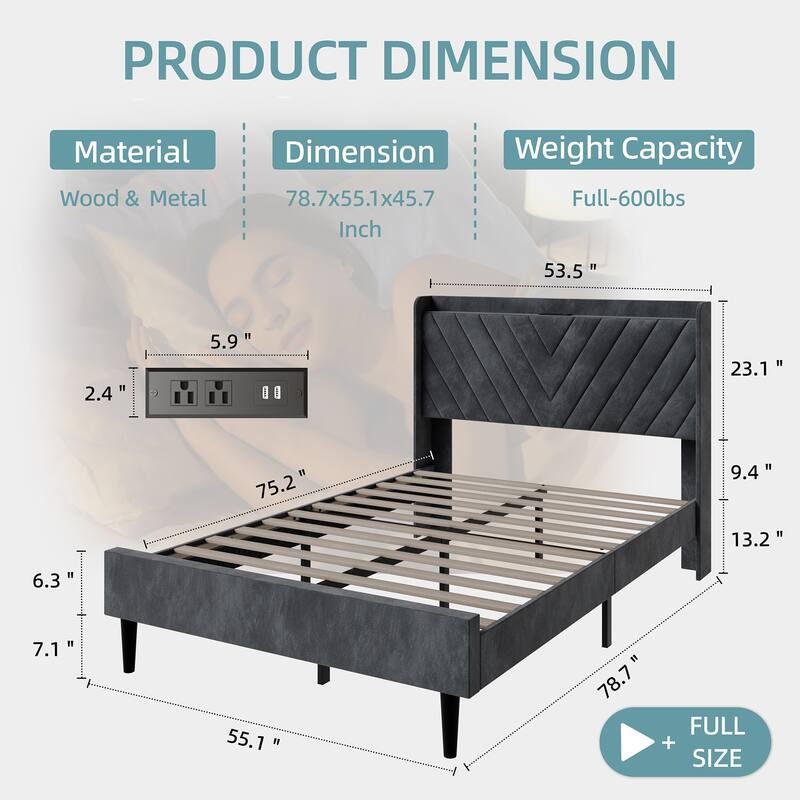 Futzca Bed Frame with Velvet Fabric Headboard