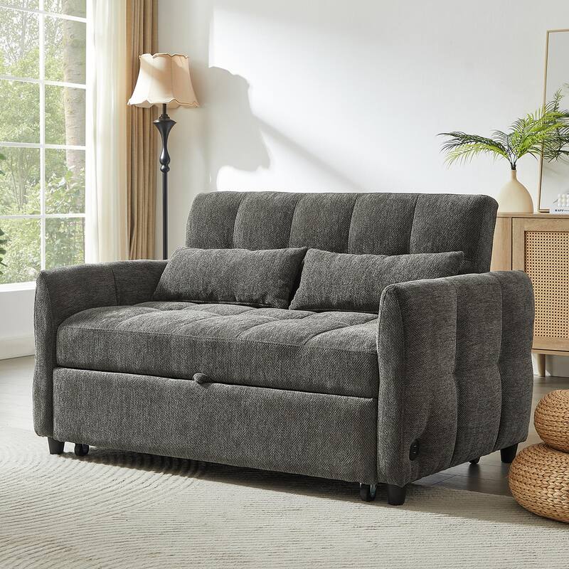Loveseat Sleeper Sofa with Built-in 3 USB Ports, Adjustable Backrest Convertible Sofa Bed with Lumbar Pillows