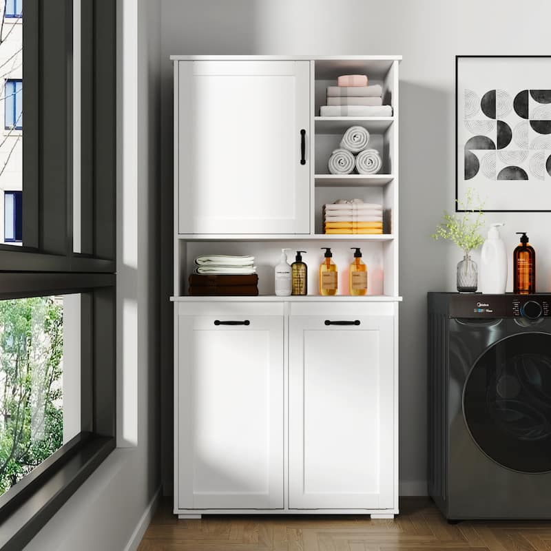 Versatile Freestanding Laundry Cabinet with Adjustable Shelves and Tilt-Out Hamper