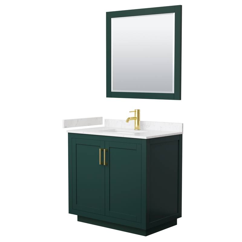 Miranda Single Vanity Set, Cultured Marble Top, 34-Inch Mirror - 36-Inch Single - Green, Gold Trim, Carrara Cultured Marble Top