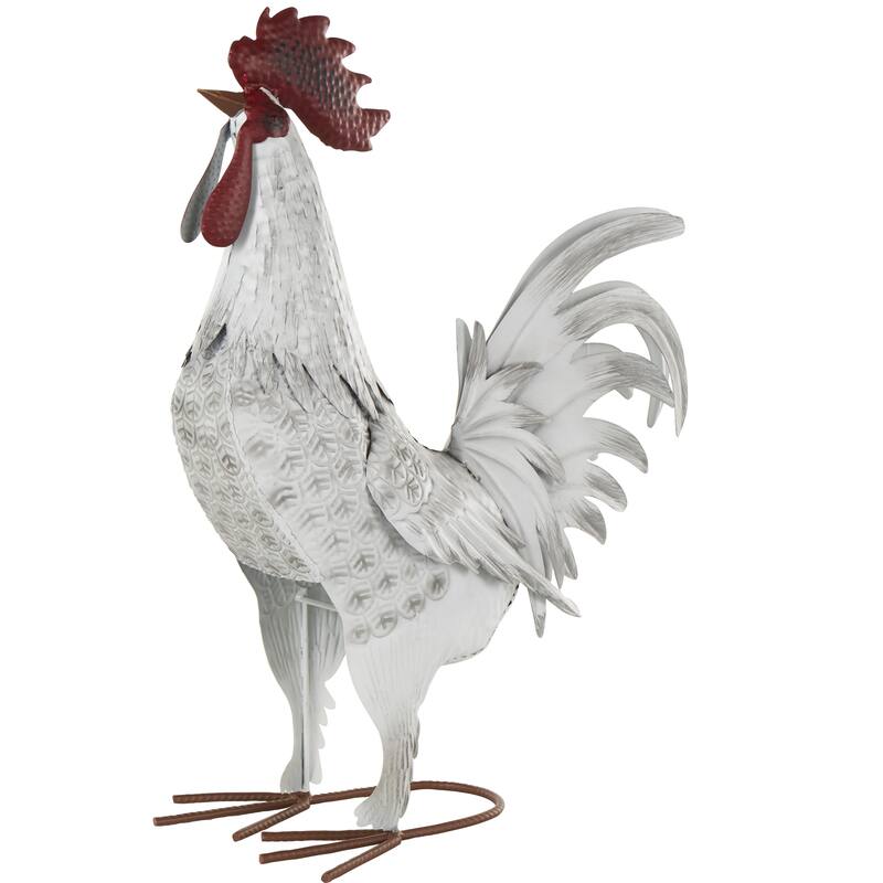 White Metal Rooster Garden Sculpture with Black Texturing and Red Accents