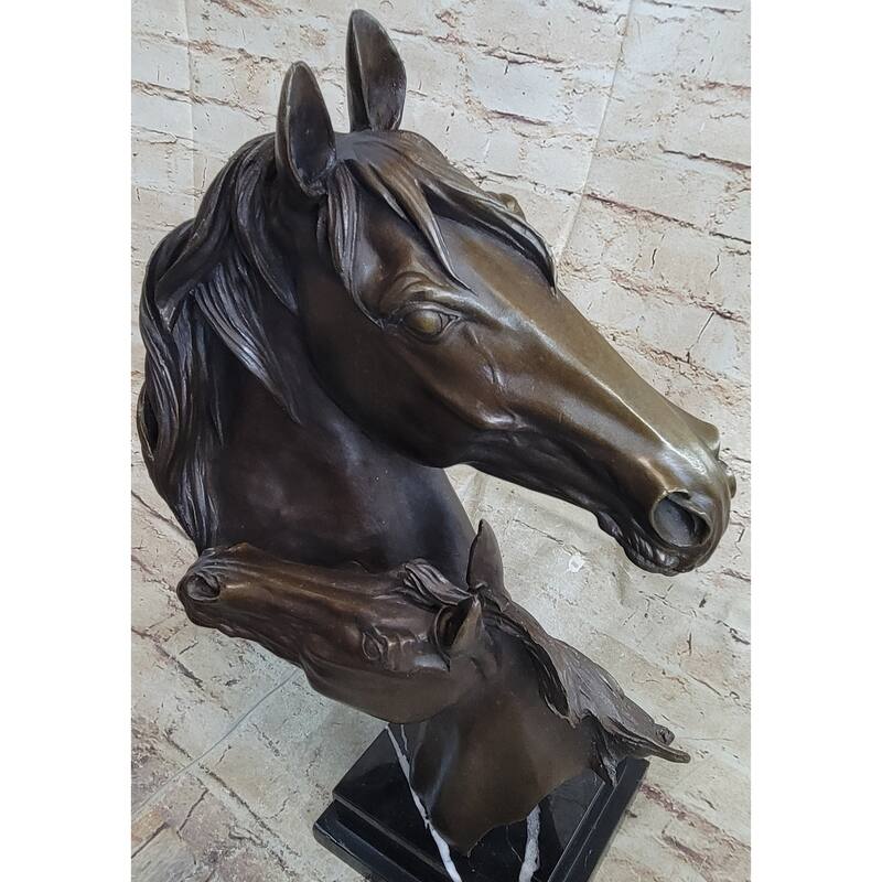 Two Imitative Horses Bust Sculpture Real Bronze Signed Original Equine Art By Milo On Marble Base
