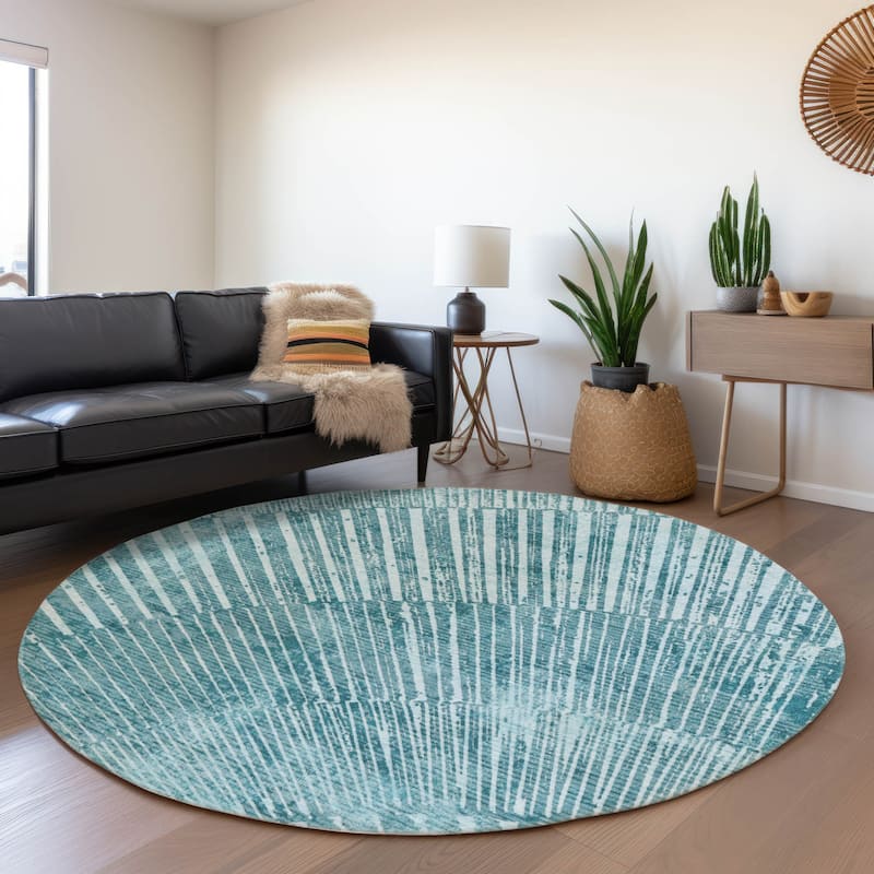 Machine Washable Indoor/ Outdoor Modern Fan Chantille ARug - Teal - 8' x 8'