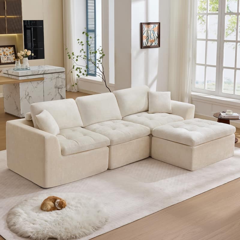 Anmytek 110 Inch Cloud Sectional Couch Upholstered L Shape Modular Sofa with Movable Ottoman Deep Seat - Beige - Reversible