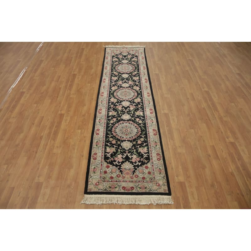 Hand Knotted Oriental 100% Wool Carpet Traditional Floral Black Aubusson Runner Rug - 10' 0'' X 2' 6''