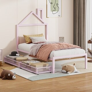 Twin Size Metal Platform Bed with Two Drawers and House-Shaped Headboard