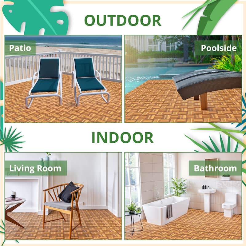 12 x 12 Inch Solid Wood Acacia Interlocking Flooring Tiles, Mosaic Pattern Patio Deck Tiles (Natural Color, 12 Slats)