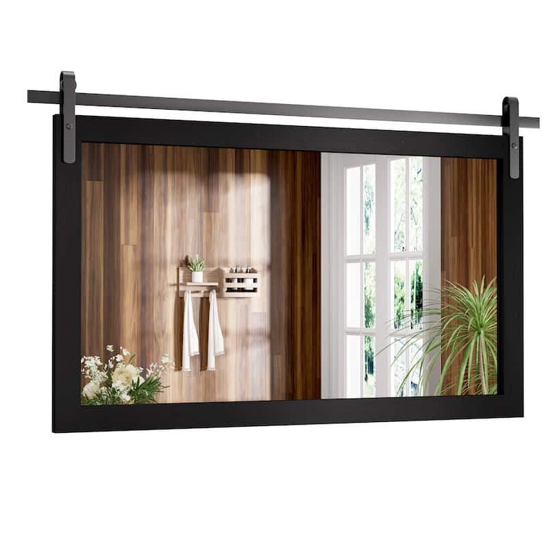 Rustic Farmhouse Mirror Vanity Mirror Solid Wood Frame with Metal Barn Style Mirror - 40 * 26 Inches - Black
