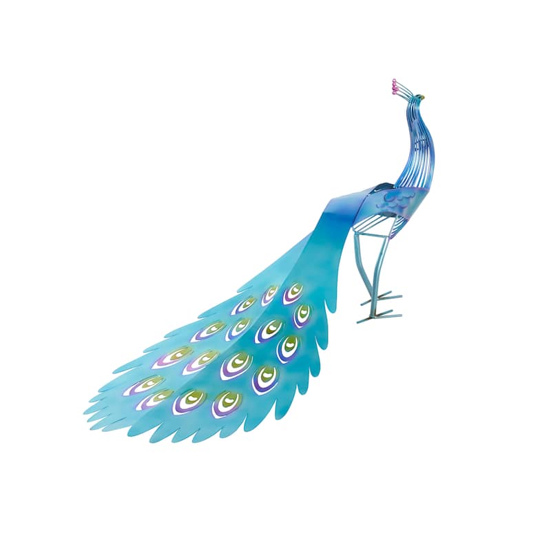 Blue Metal Peacock Decorative Garden Sculpture with Open Wire Framed Body and Rainbow Accents