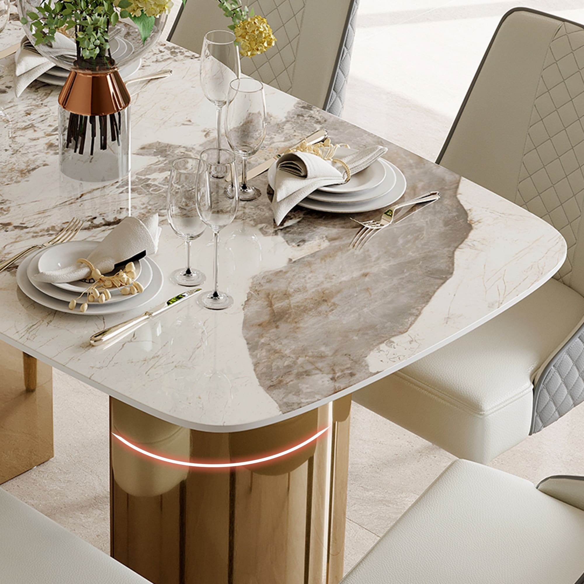 White Rectangular Sintered Stone Dining Table with Double