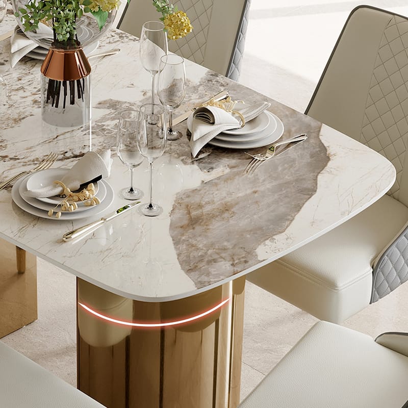 White Rectangular Sintered Stone Dining Table with Double Pedestals