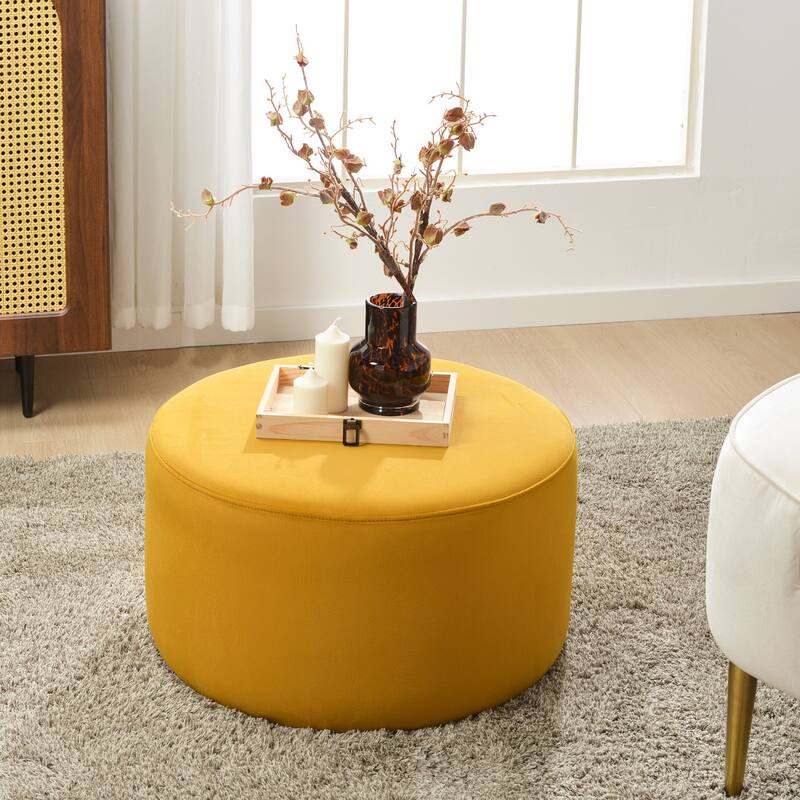 KINWELL Round Upholstered Pouf Ottoman Footrest - 24'x 24'x 13' - Velvet Yellow 24"