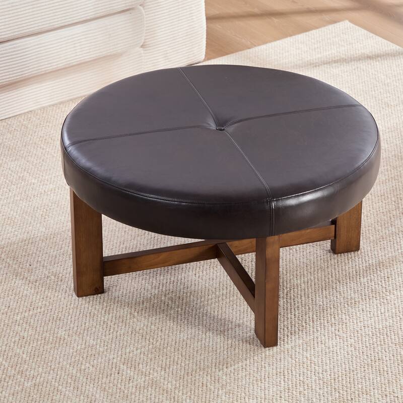 Christopher Knight Home - Marlowe Modern Round Faux Leather Ottoman Coffee Table with Tufted Top and Wood Base