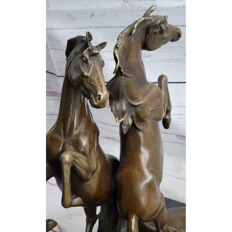 Two Rearing Stallions Horses Bronze Sculpture Statue Horse Lover Decor Signed Art On Marble Base