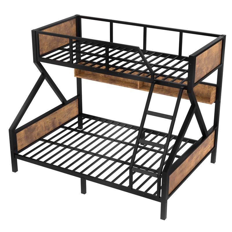 Woodgrain Accents Black Metal Bunk Bed Frame with Built-in Storage Shelves and LED Light Strip for Guest Rooms, Dorms