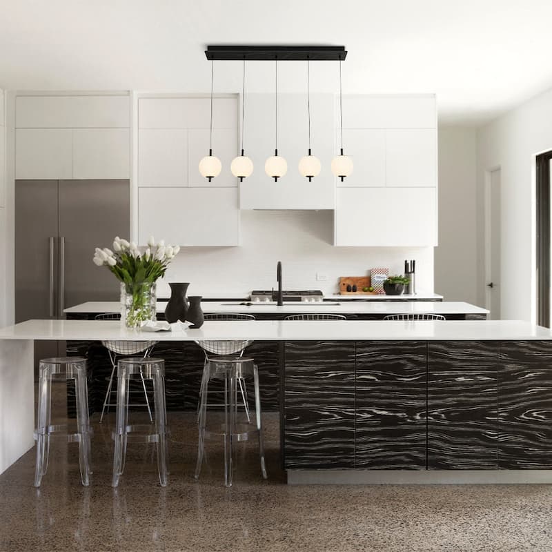 Modern 5-Light Kitchen Island Pendant with Ribbed Acrylic Globe Shade - Matte Black
