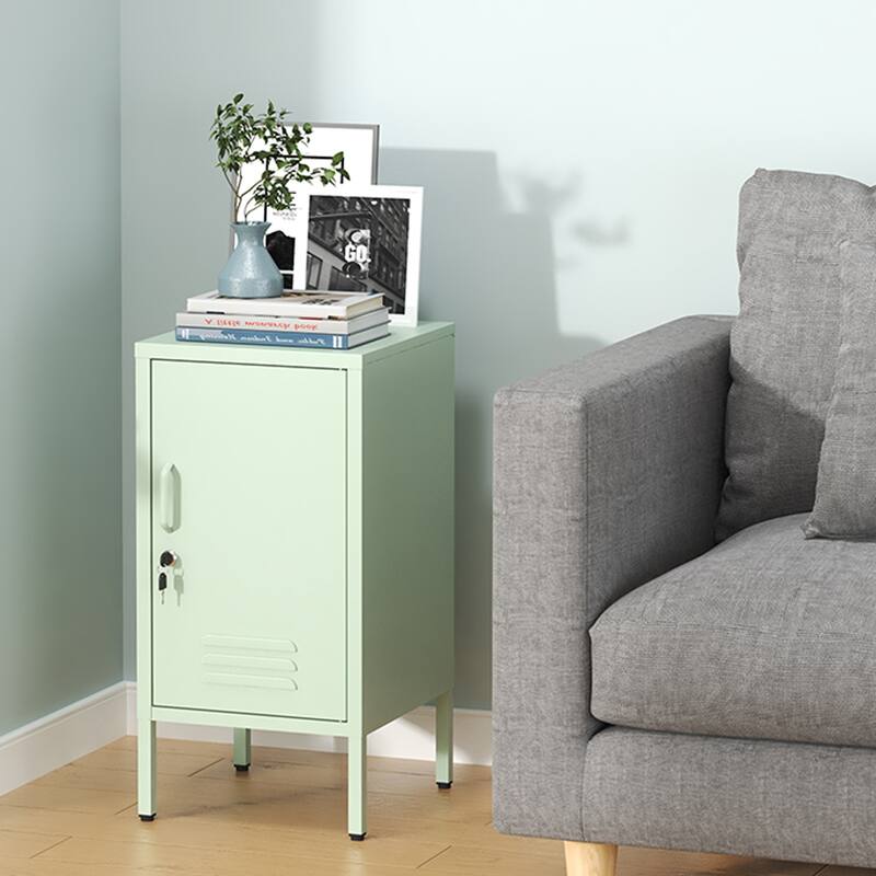 Single Door Lockable Metal End Table,Modern Minimalist Room Side Table with 2 Adjustable Shelf,Multi Storage Cabinet