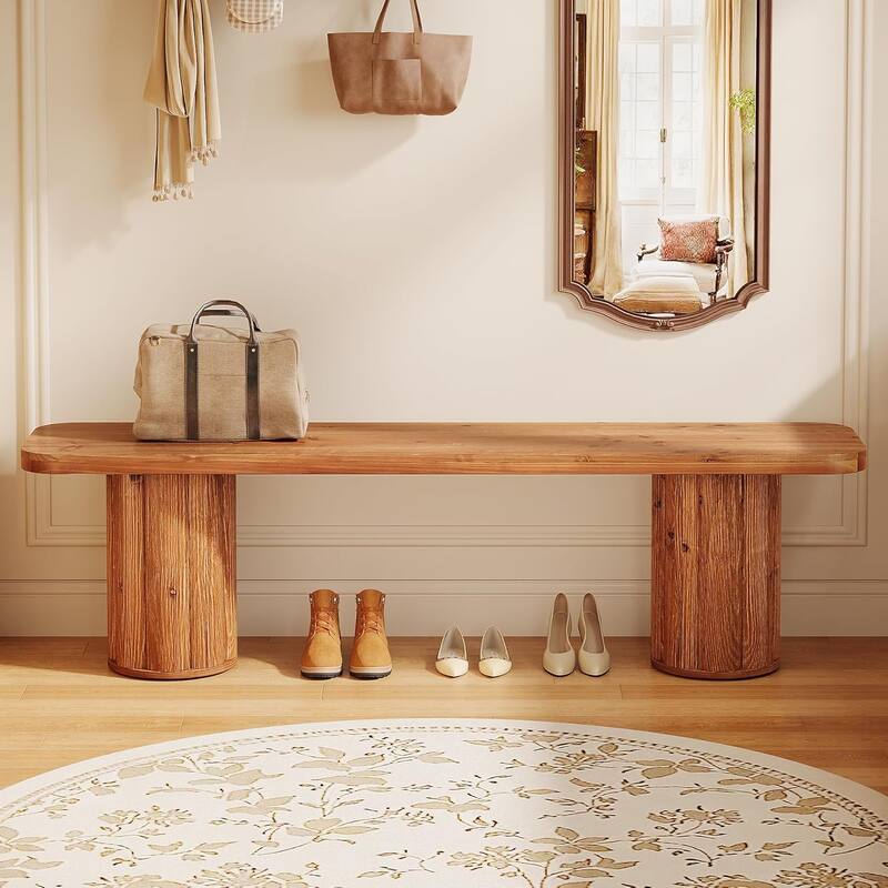 63" Solid Wood Entryway Bench, Extra Long Accent Bench Seat for End of Bed Dining Room Living Room Foyer Bedroom - Brown
