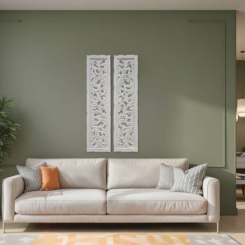 Ozy Carved Wall Art Panel Set of 2, Handcrafted Distressed White Mango Wood, 50 Inch Tall
