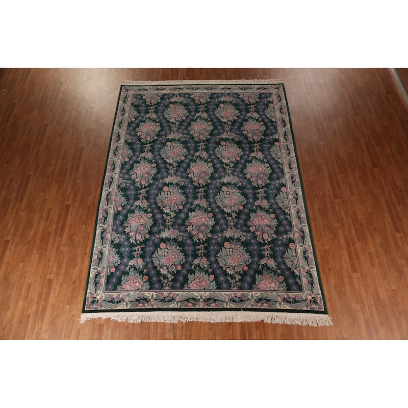 Vegetable Dye Green Aubusson Chinese Area Rug Hand-Knotted Wool Carpet - 8'11"x 12'2"