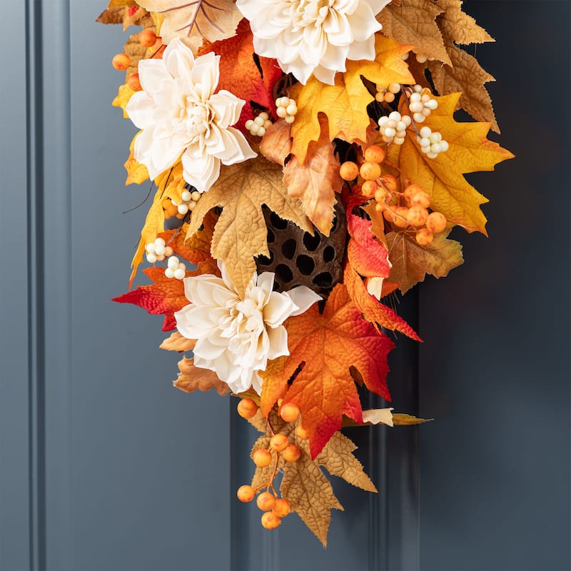 Glitzhome 26"H Fall Sunflower Pumpkin Lotus Leaf Teardrop Swag for Thanksgiving