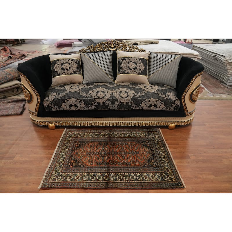 Hand Knotted Oriental 100% Wool Carpet Traditional Geometric Oranges & Rust Malayer Area Rug - 4' 4'' X 3' 2''