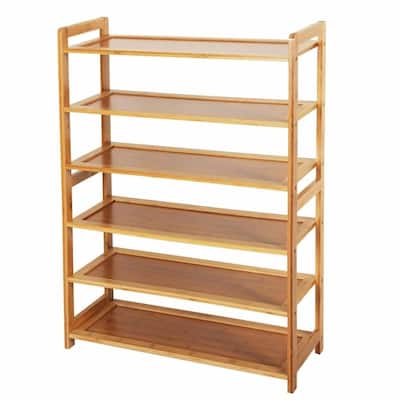 Brown Solid Wood Wicker 6-Shelf Shoe Rack for 24 Pairs with Freestanding Design - 35.43'' H x 26.77'' W x 9.84'' D
