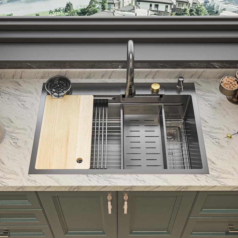 All-in-One Stainless Steel 33.2 in. Bowl Kitchen Workstation Sink - Black Diamond