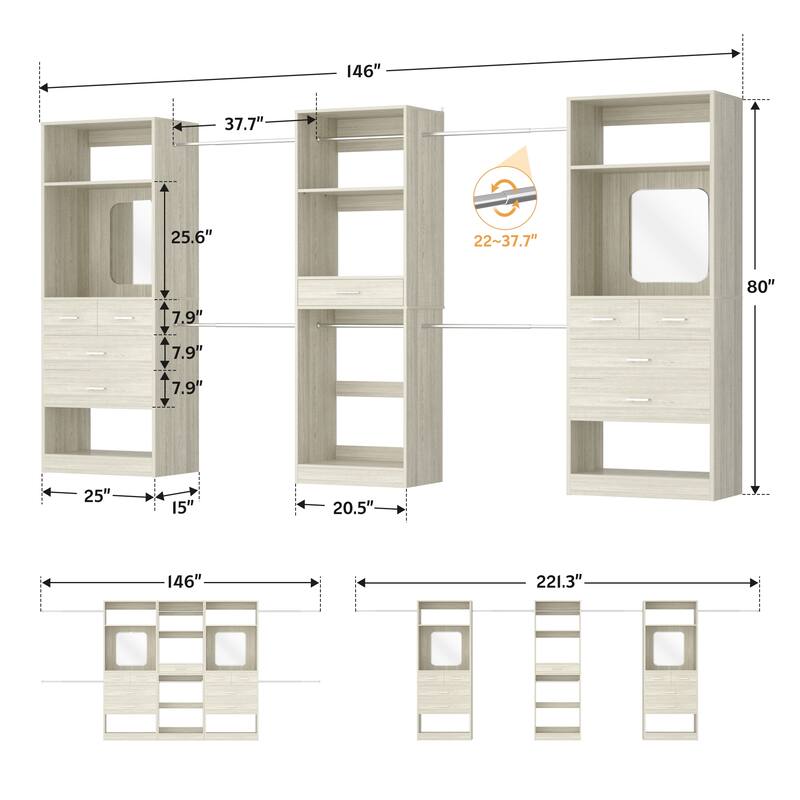 70'' - 221'' Set of 3 Closet System Organizer with Adjustable Hanging Rods, Shoe Racks, and Shelves