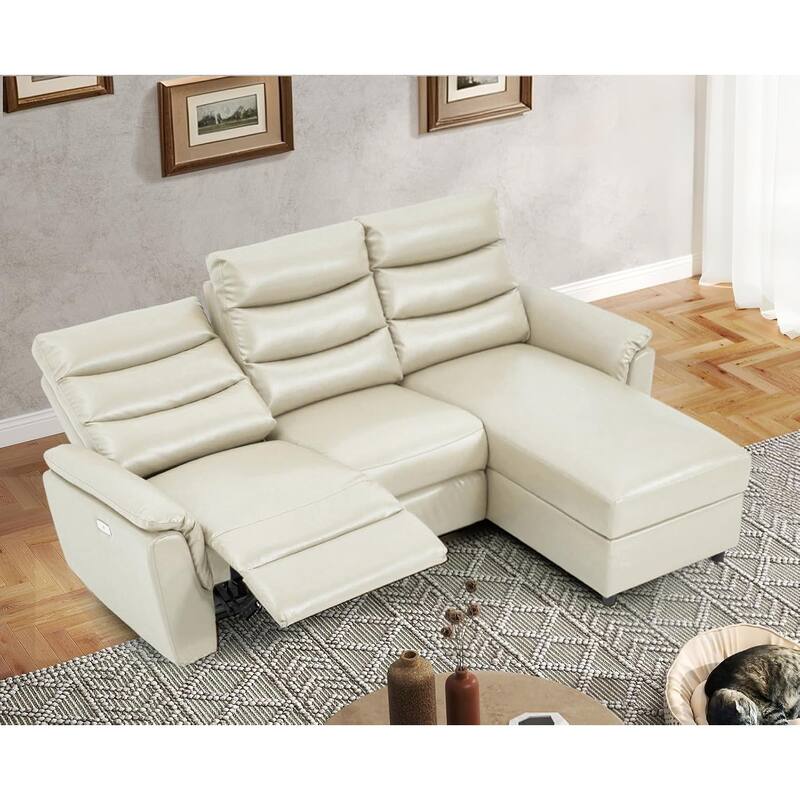 AECOJOY Power Reclining Sectional Sofa, PU Leather Sleep Sofa Bed with Storage Chaise, Adjustable Backrest & Footrest - White