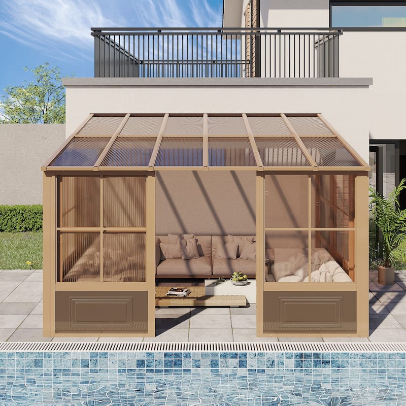 EROMMY Wall Mounted Sunroom with Sliding Doors, All-Season Aluminum Patio Gazebo, Outdoor Permanent Sunroom Shelter