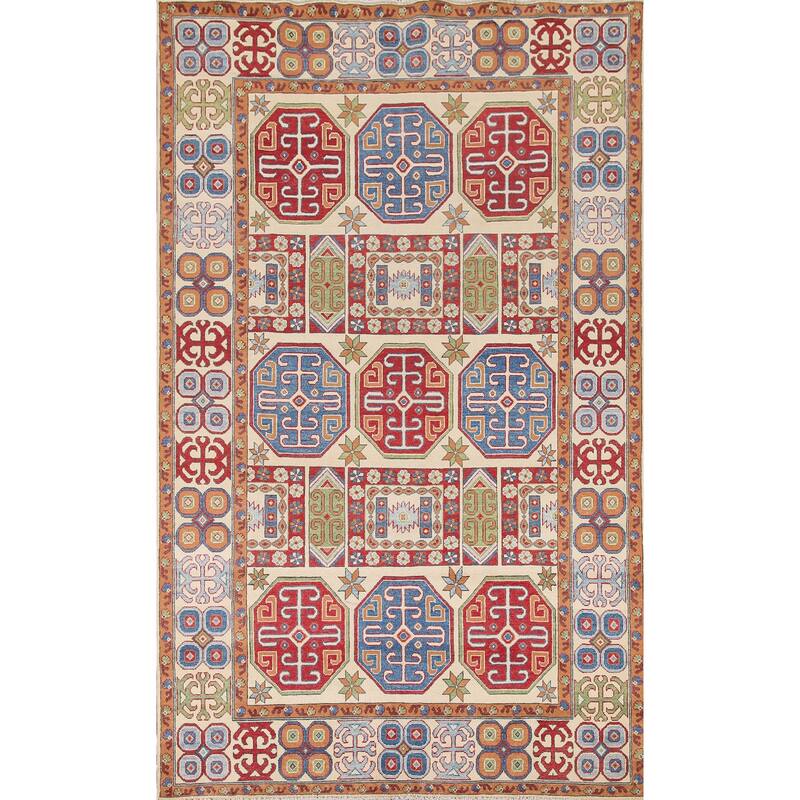Hand Knotted Oriental 100% Wool Carpet Traditional All-Over Beige & Ivories Kazak Area Rug - 9' 11'' X 6' 8''