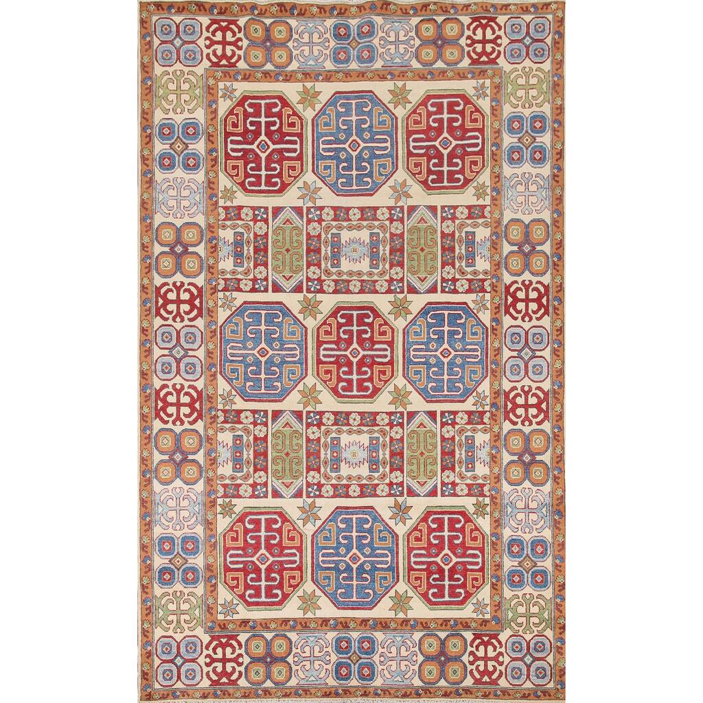 Hand Knotted Oriental 100% Wool Carpet Traditional All-Over Beige & Ivories Kazak Area Rug - 9' 11'' X 6' 8''