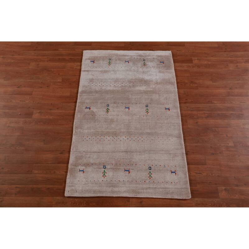 Hand Knotted Oriental 100% Wool Carpet Tribal Animal Pictorial Beige & Ivories Gabbeh Area Rug - 5' 0'' X 3' 0''