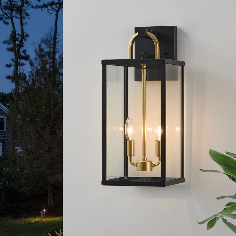 KAWOTI 2-Light Black & Gold Outdoor Lantern Wall Light - W8.25" x H20" x D9.5" - W8.25" x H20" x D9.5"