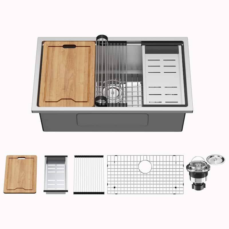 CB HOME 32'' Undermount Gold Kitchen Sink, Drop in Black/Stainless Steel Kitchen Sink, Single Bowl Kitchen Sink with Accessories - 32''x19''x10''-Sink+Accessories - Silver