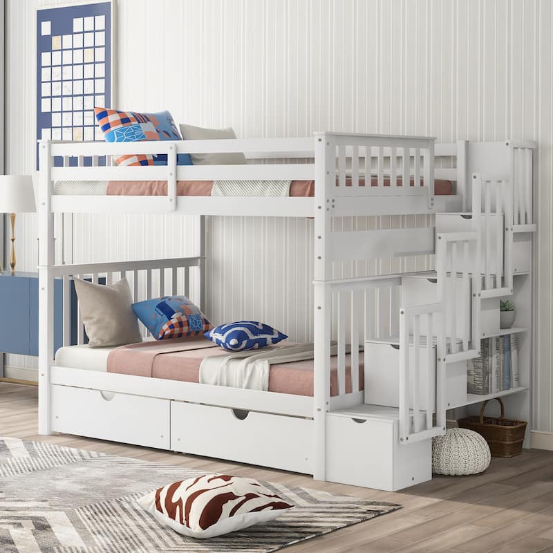 Full Over Full Bunk Bed with Shelves and 6 Drawers, White