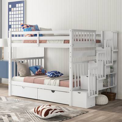 Full Over Full Bunk Bed with Shelves and 6 Storage Drawers
