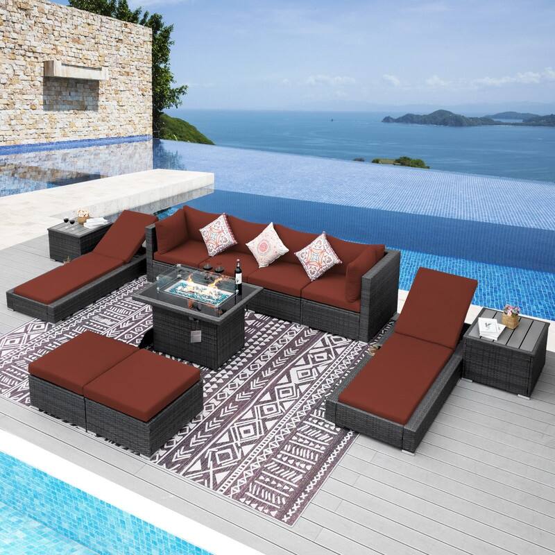 FINCATI 11 Pieces Patio Furniture Set Outdoor Sectional Sofa with Firepit Table - Burgundy