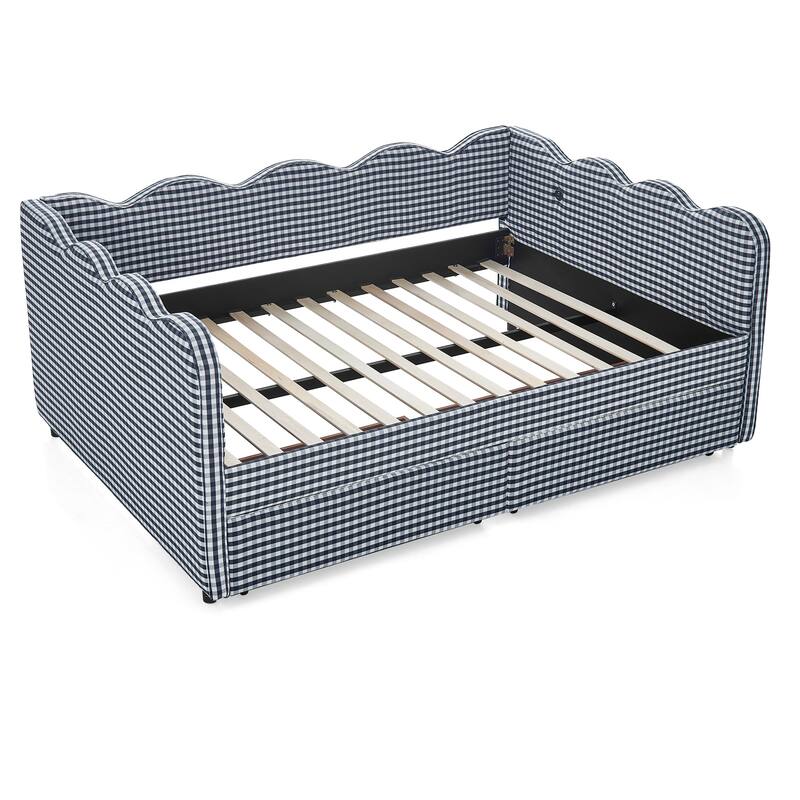 Full/Queen Gingham Daybed with 2 Storage Drawers, USB Port & Wave Shaped Linen Fabric
