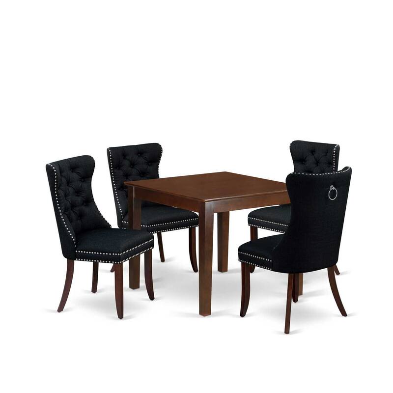 5-Piece Mahogany Finish Solid Wood Top - Square Upholstered Dining Room Set - Seats 4