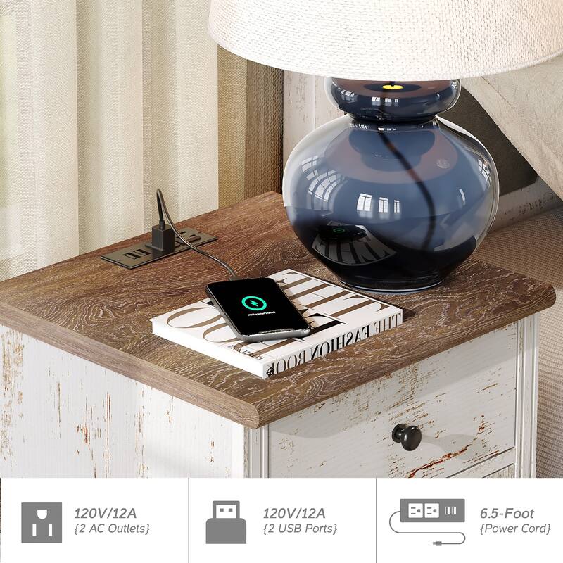 Set of 2 End Tables with Charging Station & Drawer Storage Cabinet