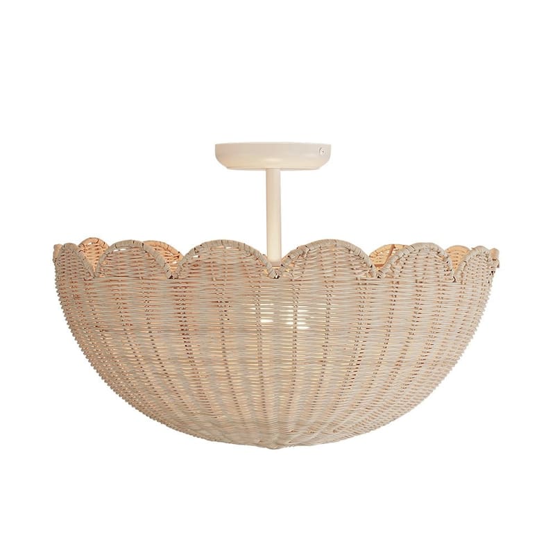 2-Light Coastal Style Scallop Rattan Semi Flush Mount - N/A