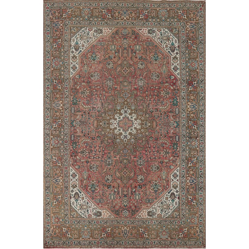Pink Geometric Tabriz Vintage Persian Area Rug Handmade Wool Carpet - 6'5" x 9'9"