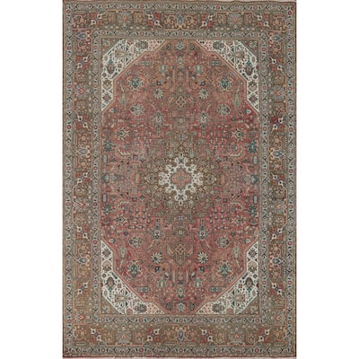 Pink Geometric Tabriz Vintage Persian Area Rug Handmade Wool Carpet - 6'5" x 9'9"