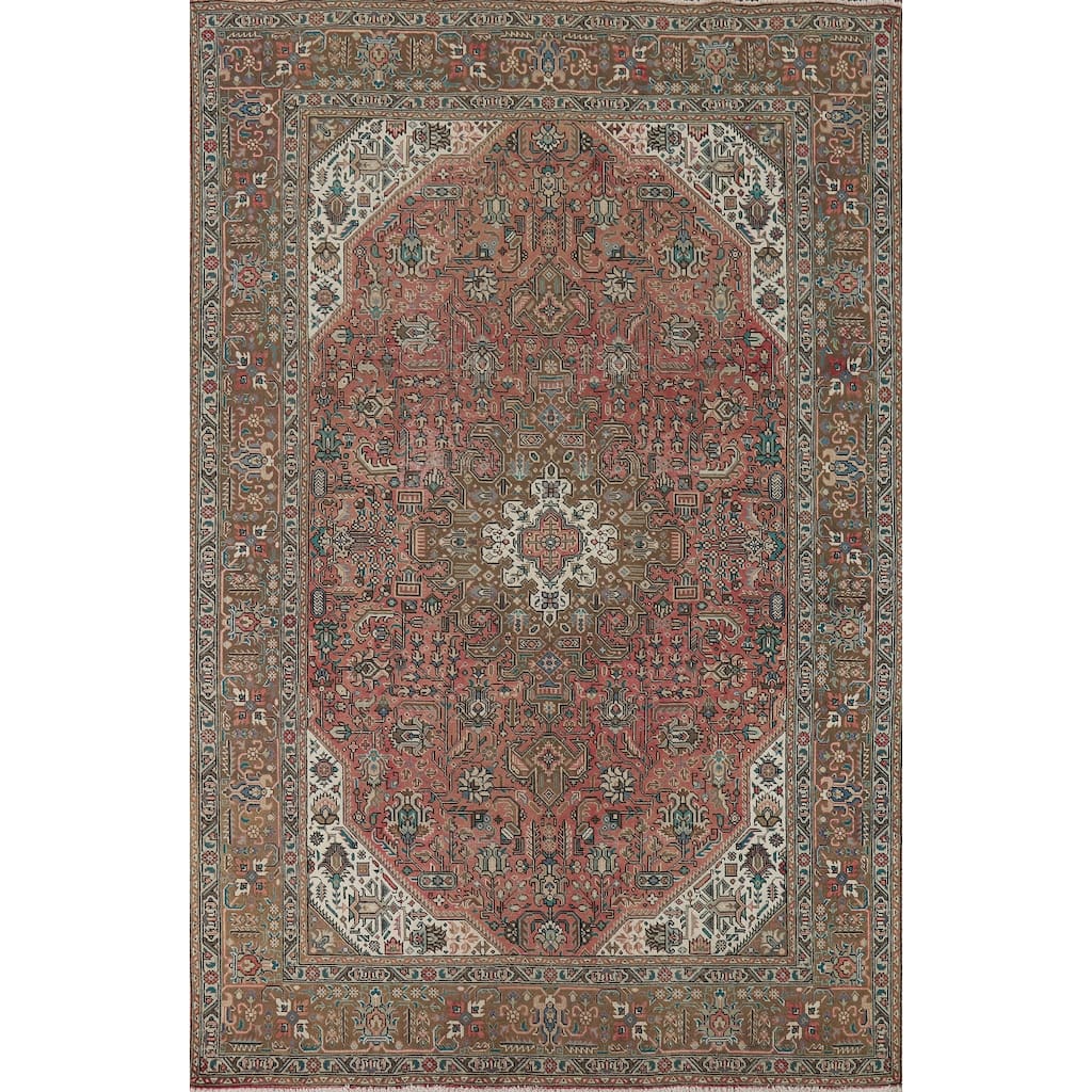 Pink Geometric Tabriz Vintage Persian Area Rug Handmade Wool Carpet - 6'5" x 9'9"