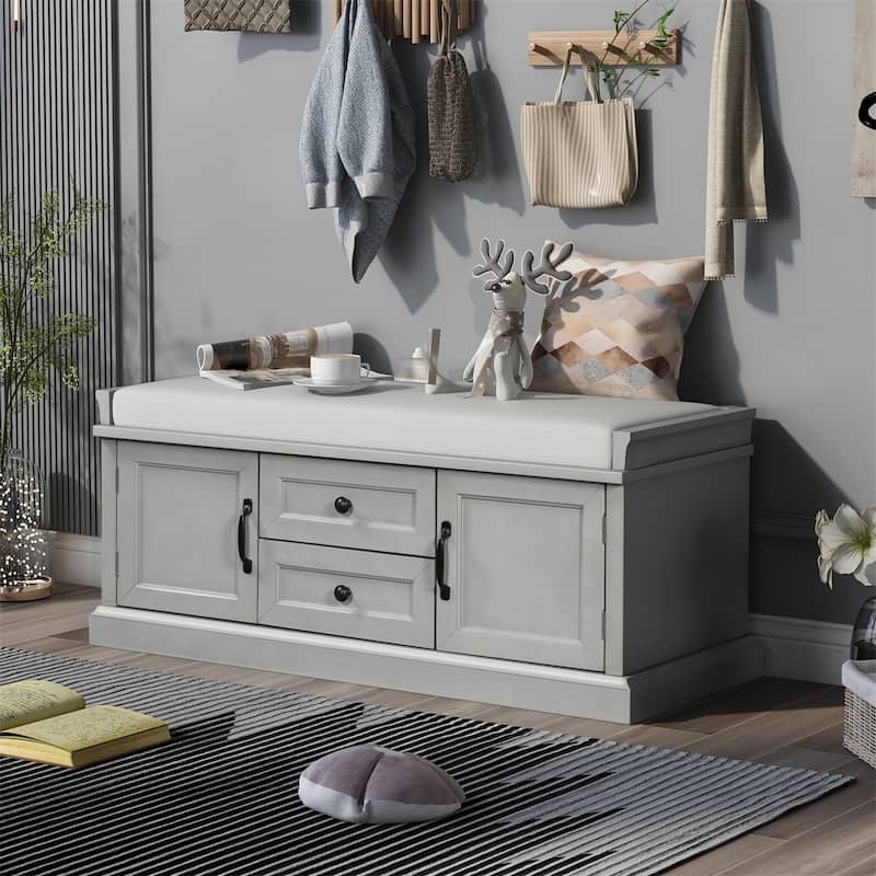 Merax Storage Bench with Removable Cushion - Grey Wash