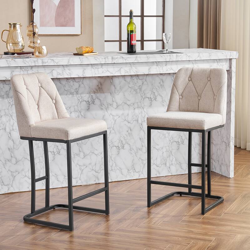Bar Stool Set of 2, Upholstered Bar Stool with Button-Tufted Backrest, Counter Height Armless Chair with Sturdy Metal Frame